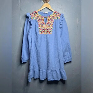 KIRUNDO Women's blue with embrodiey
Mini Dress V Neck Bohemia Dress sz L